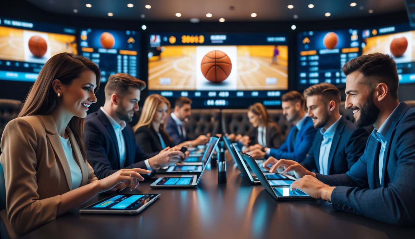 Sekelompok orang menggunakan perangkat digital untuk bertaruh pada pertandingan basket yang sedang berlangsung di sebuah ruang taruhan modern.