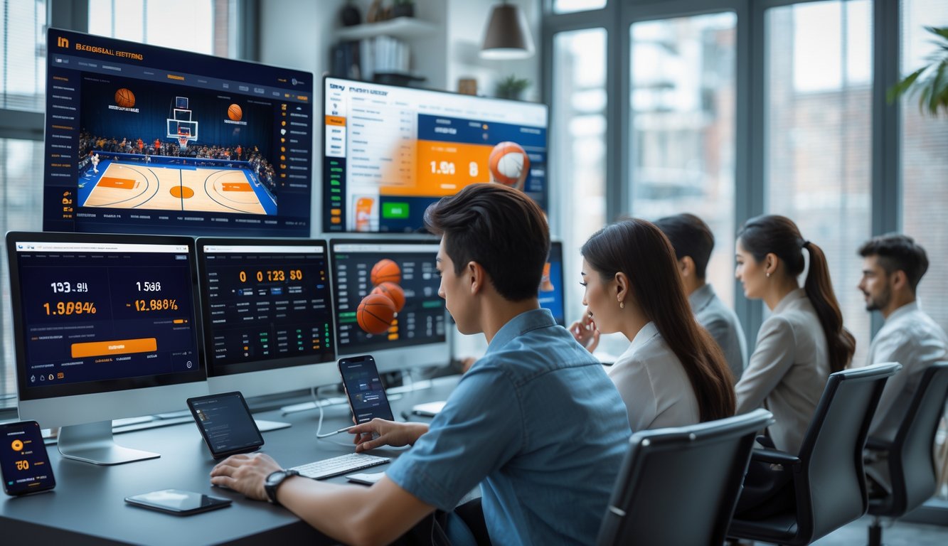 Beberapa orang muda menggunakan komputer dan ponsel untuk memasang taruhan bola basket online di sebuah ruang kerja modern dengan jendela besar dan pemandangan kota.