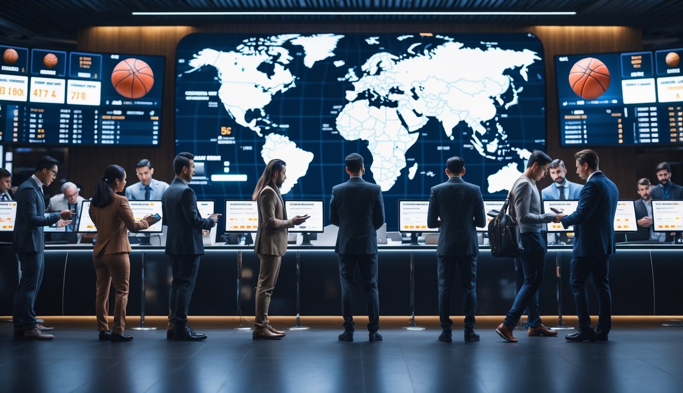 Orang-orang dari berbagai latar belakang sedang memasang taruhan pada pertandingan bola basket internasional di sebuah kantor taruhan modern dengan layar digital besar menampilkan pertandingan dan statistik.