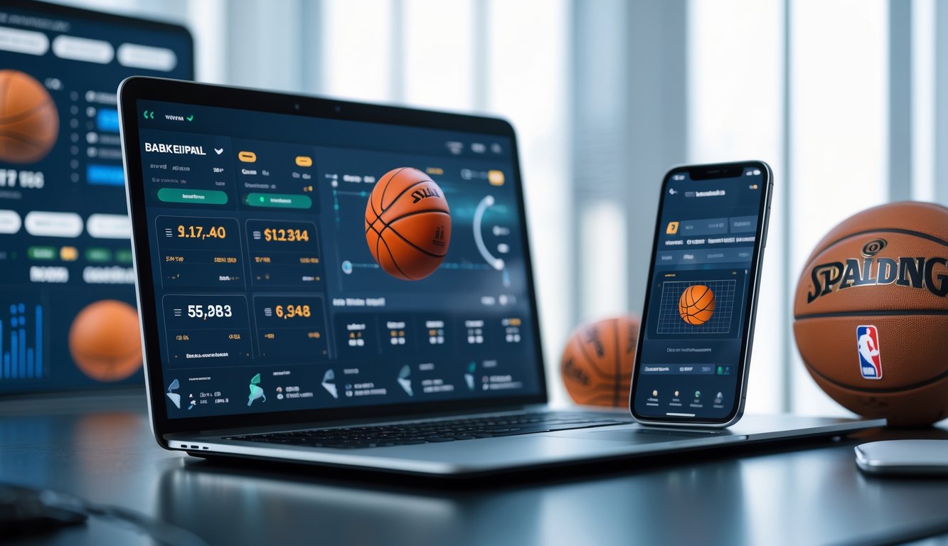 Seorang pria menggunakan laptop dan ponsel untuk memasang taruhan bola basket online dengan grafik dan statistik di layar.