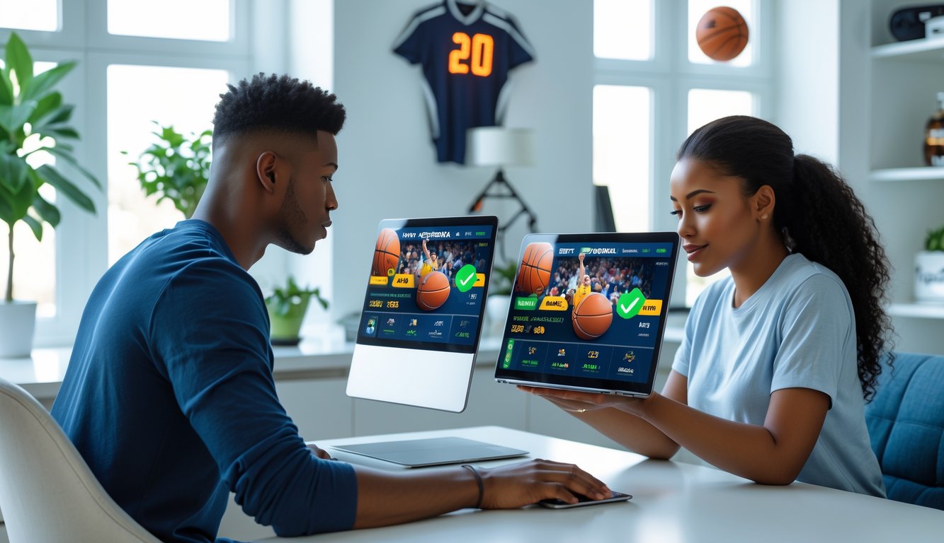 Dua orang muda menggunakan laptop dan ponsel untuk bertaruh pada pertandingan basket di ruang kerja yang terang dan modern.