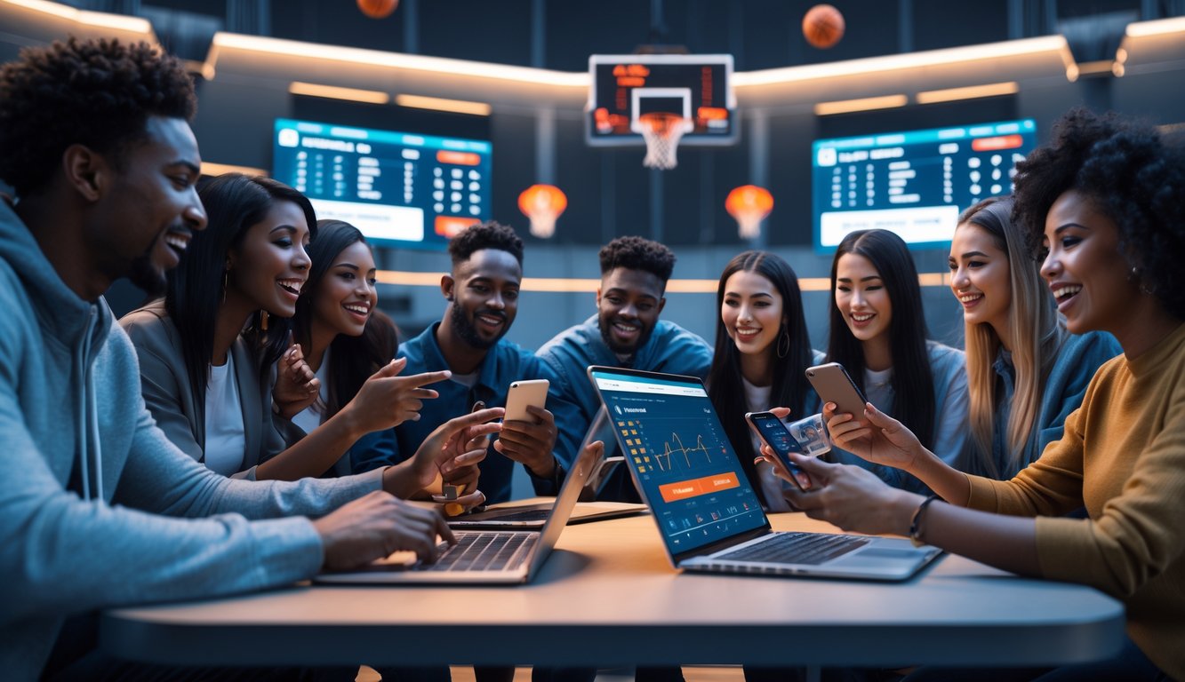 Sekelompok orang muda menggunakan perangkat digital untuk bertaruh bola basket secara online di ruang dalam yang modern dan terang.