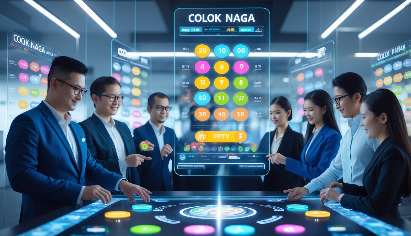 Orang-orang profesional menggunakan teknologi canggih untuk bermain judi colok naga di lingkungan kantor modern.