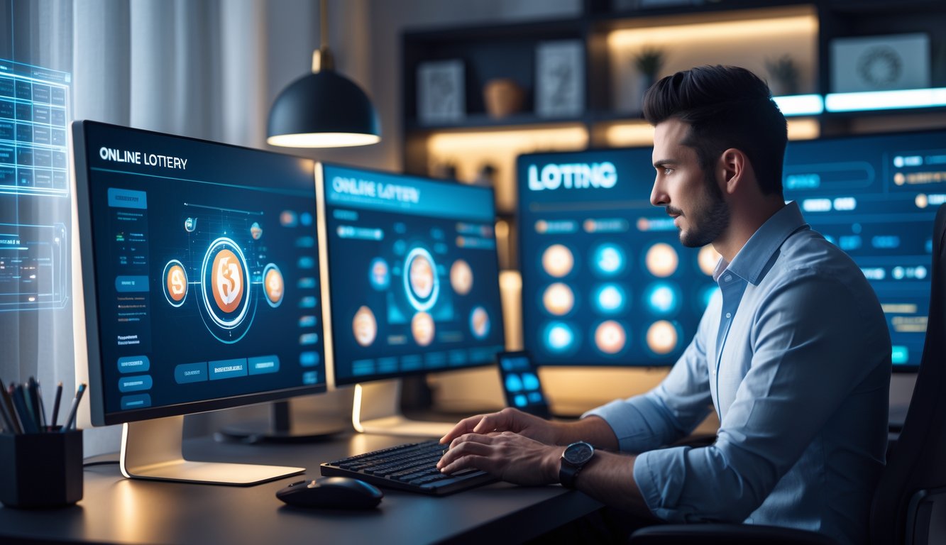 Seseorang duduk di meja kerja dengan beberapa layar komputer menampilkan antarmuka digital terkait judi online, di ruangan modern dan terang.