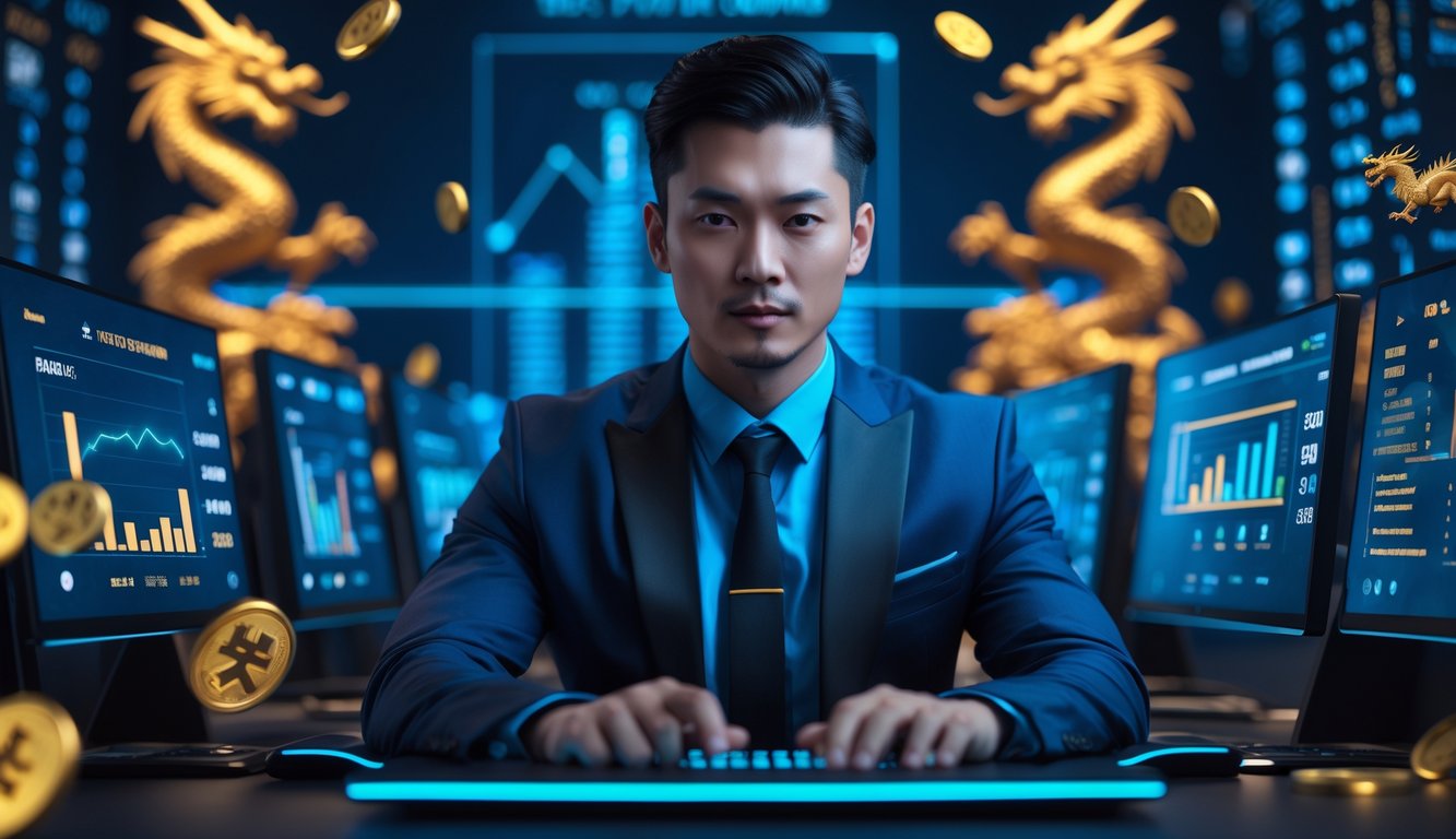 Seorang pria Asia duduk di depan layar komputer dengan latar belakang grafik dan simbol naga, menunjukkan suasana permainan dan kemenangan.