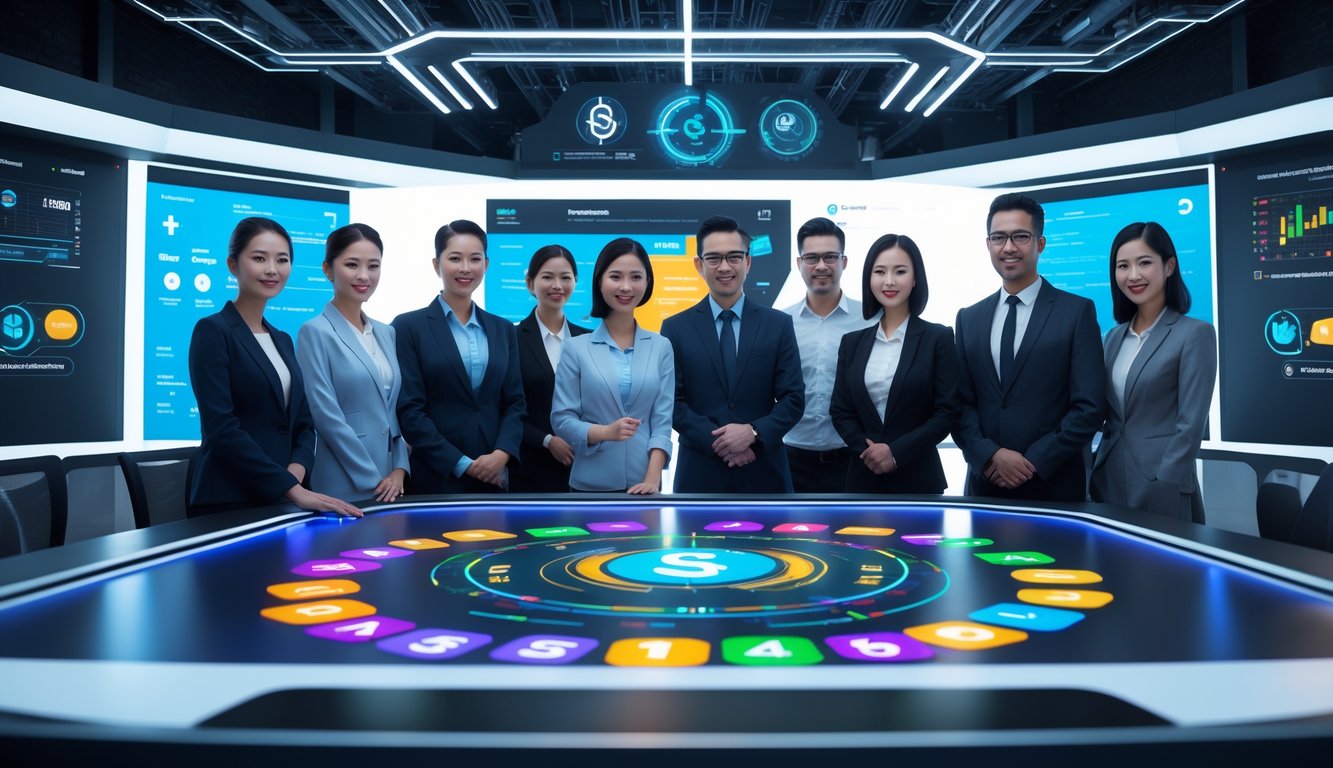 Sekelompok orang dewasa di kantor modern menggunakan teknologi digital untuk transaksi pembayaran cepat dalam perjudian online.