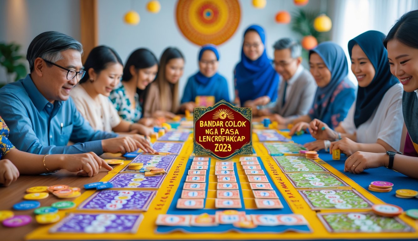 Orang-orang sedang bermain permainan bandar colok naga dengan kartu dan token di atas meja dalam ruangan yang terang.