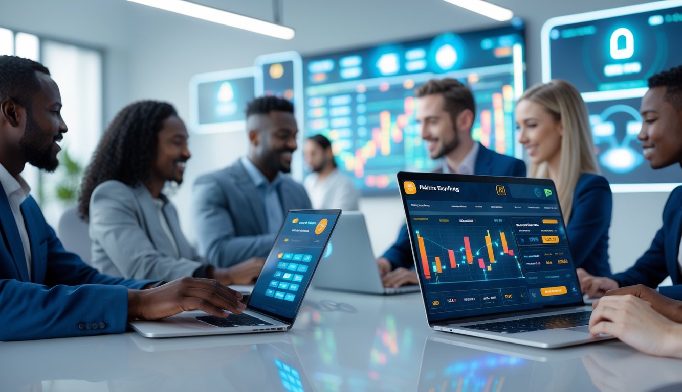 Orang-orang menggunakan perangkat digital di lingkungan modern yang aman dan terpercaya untuk berjudi online.