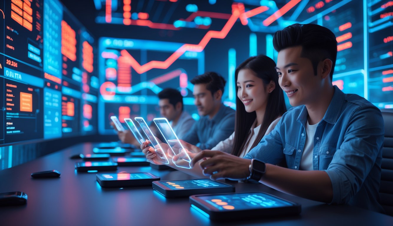 Dua orang muda sedang menggunakan perangkat layar sentuh di ruangan berteknologi tinggi dengan tampilan digital futuristik dan lampu neon.