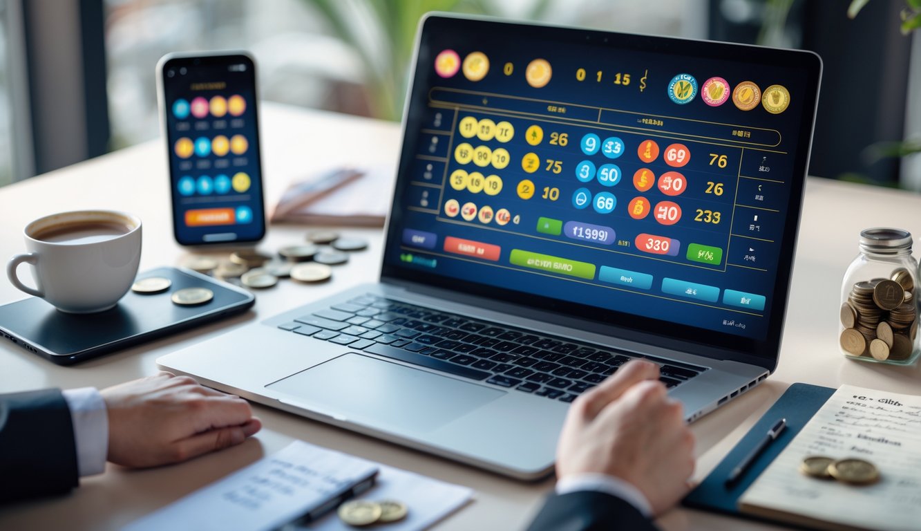 Seorang pengguna sedang menggunakan laptop dengan tampilan permainan judi togel dan taruhan online di meja kerja yang rapi.