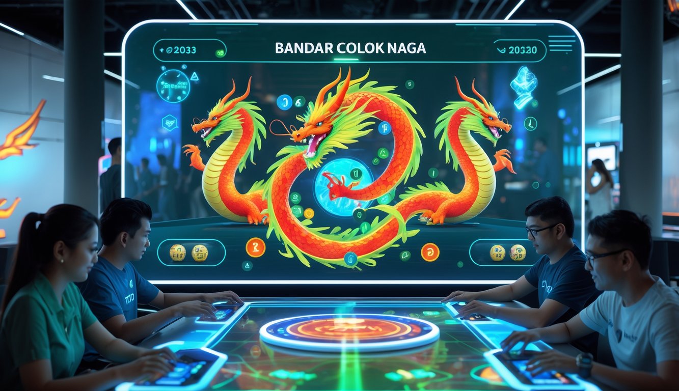 Seorang pemain sedang menggunakan layar sentuh transparan dengan motif naga dan angka dalam suasana ruang permainan modern yang terang dan futuristik.