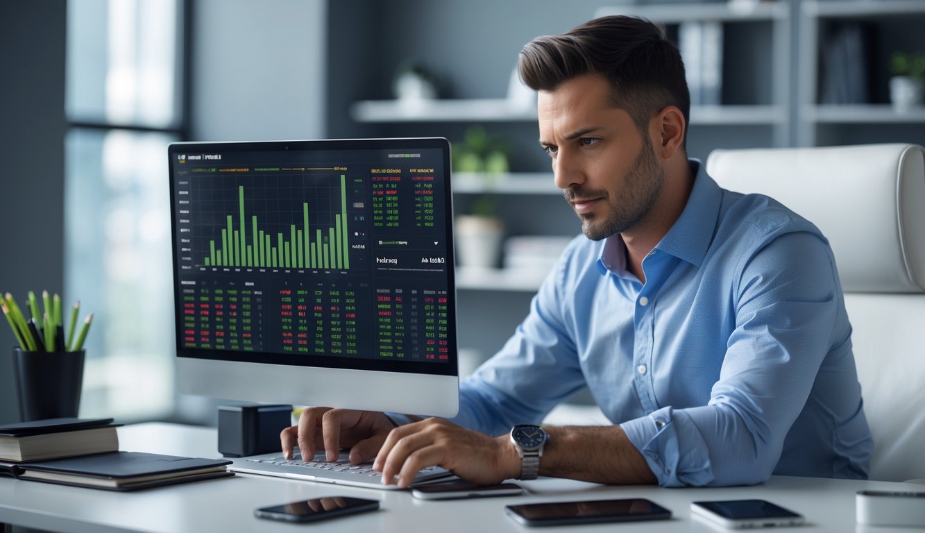 Seorang pria duduk di meja modern dengan laptop dan alat tulis, tampak fokus dan serius dalam suasana kantor yang rapi.