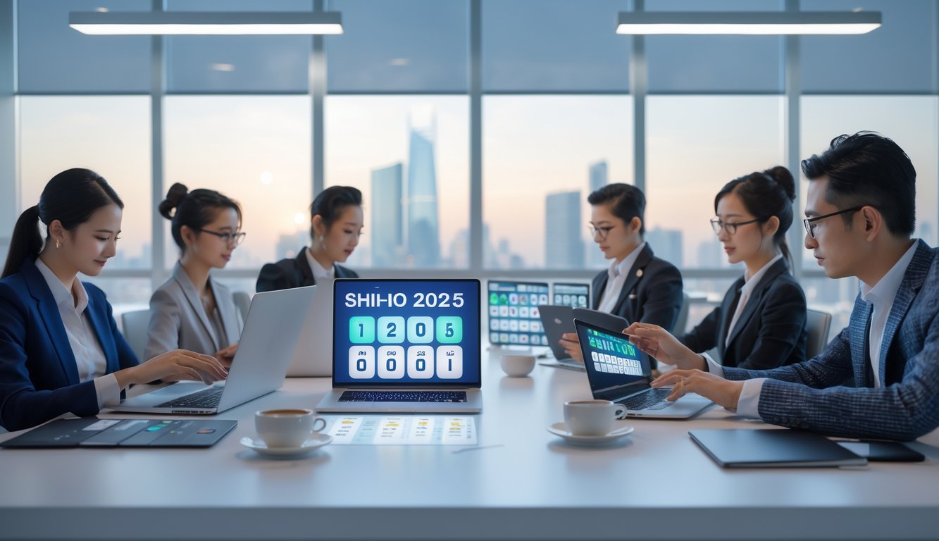 Orang-orang menggunakan perangkat digital di kantor modern untuk bermain togel shio tahun 2025.