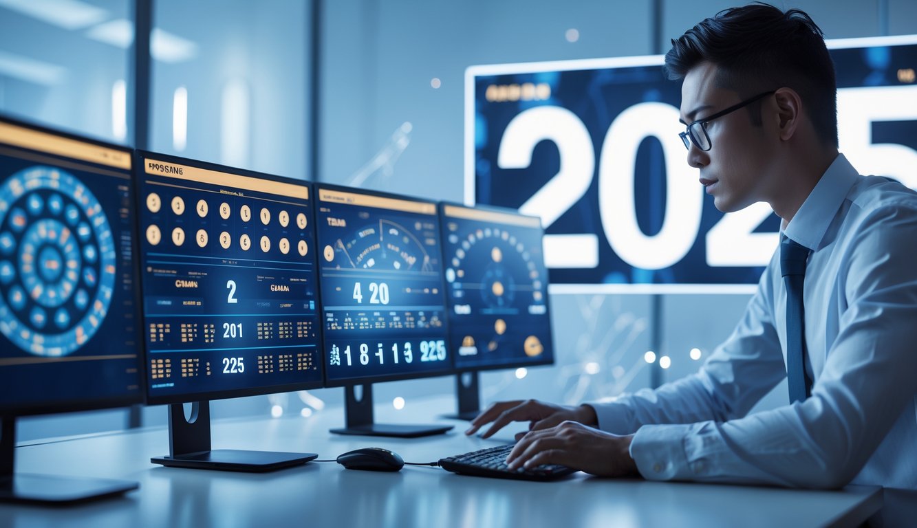 Seorang profesional di kantor modern sedang menganalisis layar digital dengan grafik dan simbol shio untuk prediksi togel tahun 2025.
