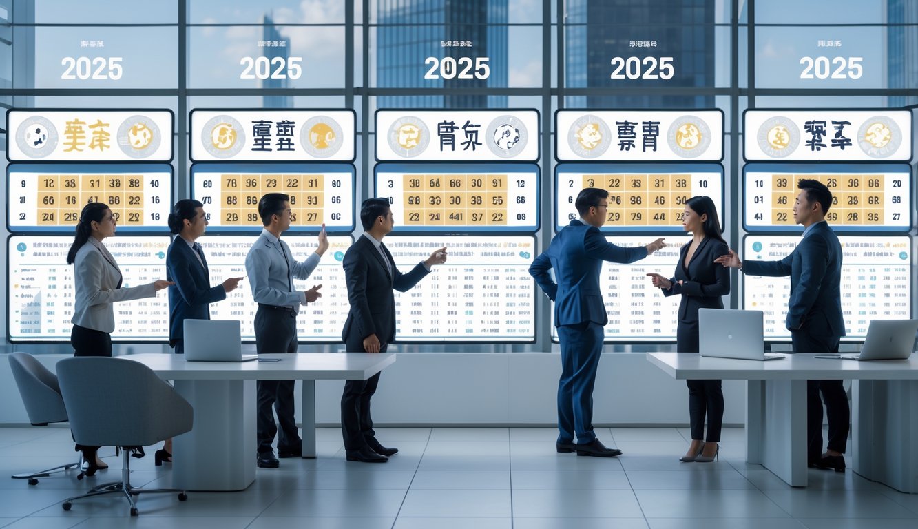 Sekelompok profesional sedang menganalisis data dan simbol shio untuk prediksi togel tahun 2025 di kantor modern.