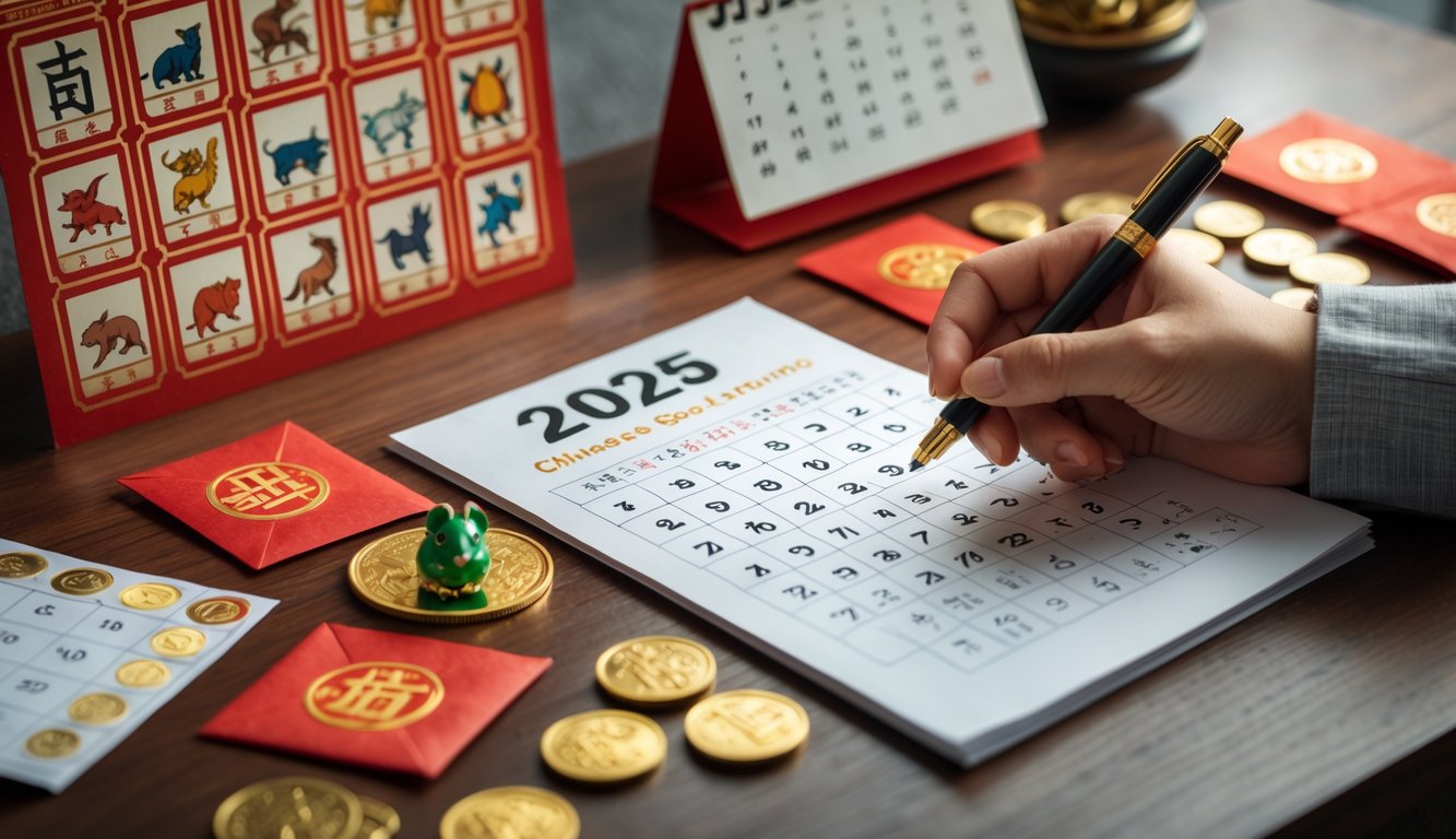 Meja kayu dengan kalender tahun 2025, diagram shio, tangan memegang pena di atas kertas berisi angka, serta amplop merah dan koin emas sebagai simbol keberuntungan.