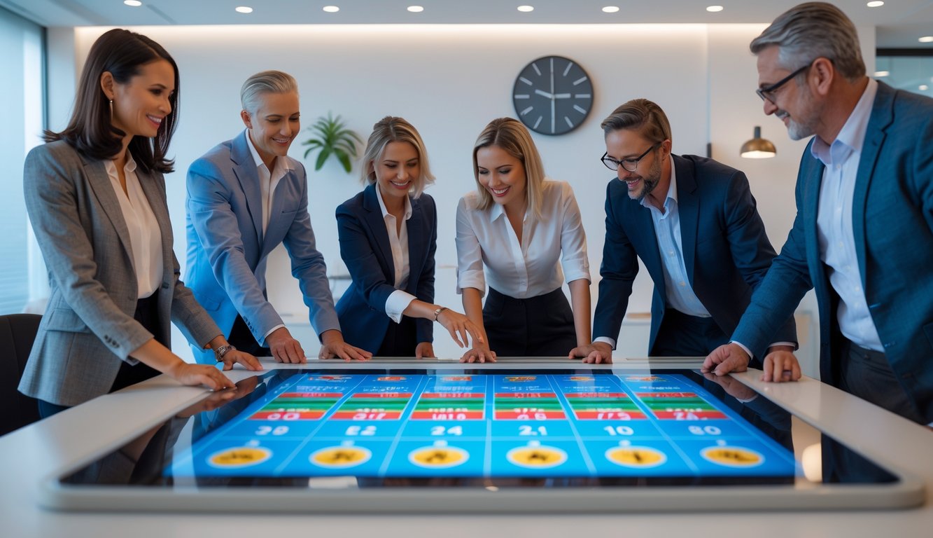 Sekelompok orang di kantor modern sedang melihat layar sentuh besar dengan grafik dan simbol zodiak tahun 2025.