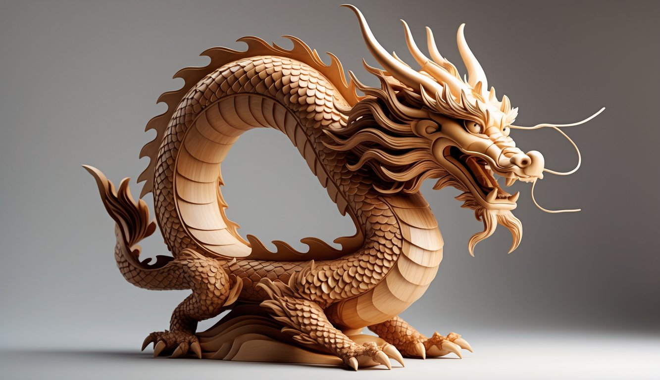 Patung naga kayu yang detail dan indah dengan latar belakang studio bersih.