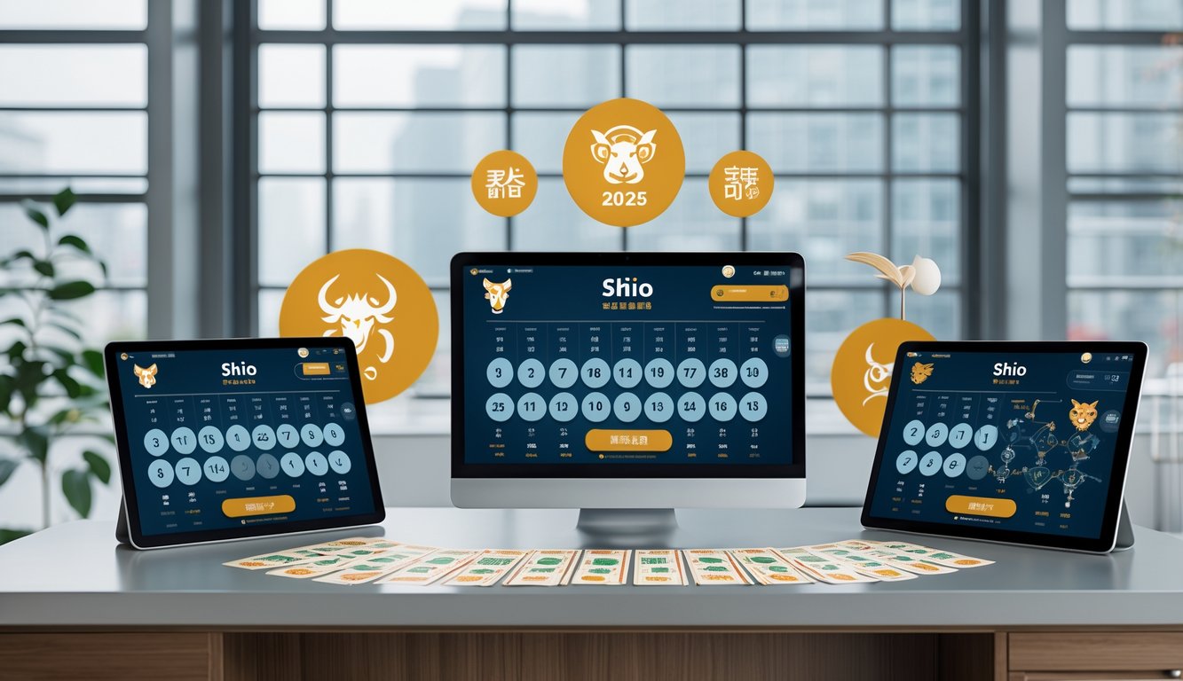 Seorang profesional sedang menganalisis data lotere dengan simbol hewan shio di latar belakang.