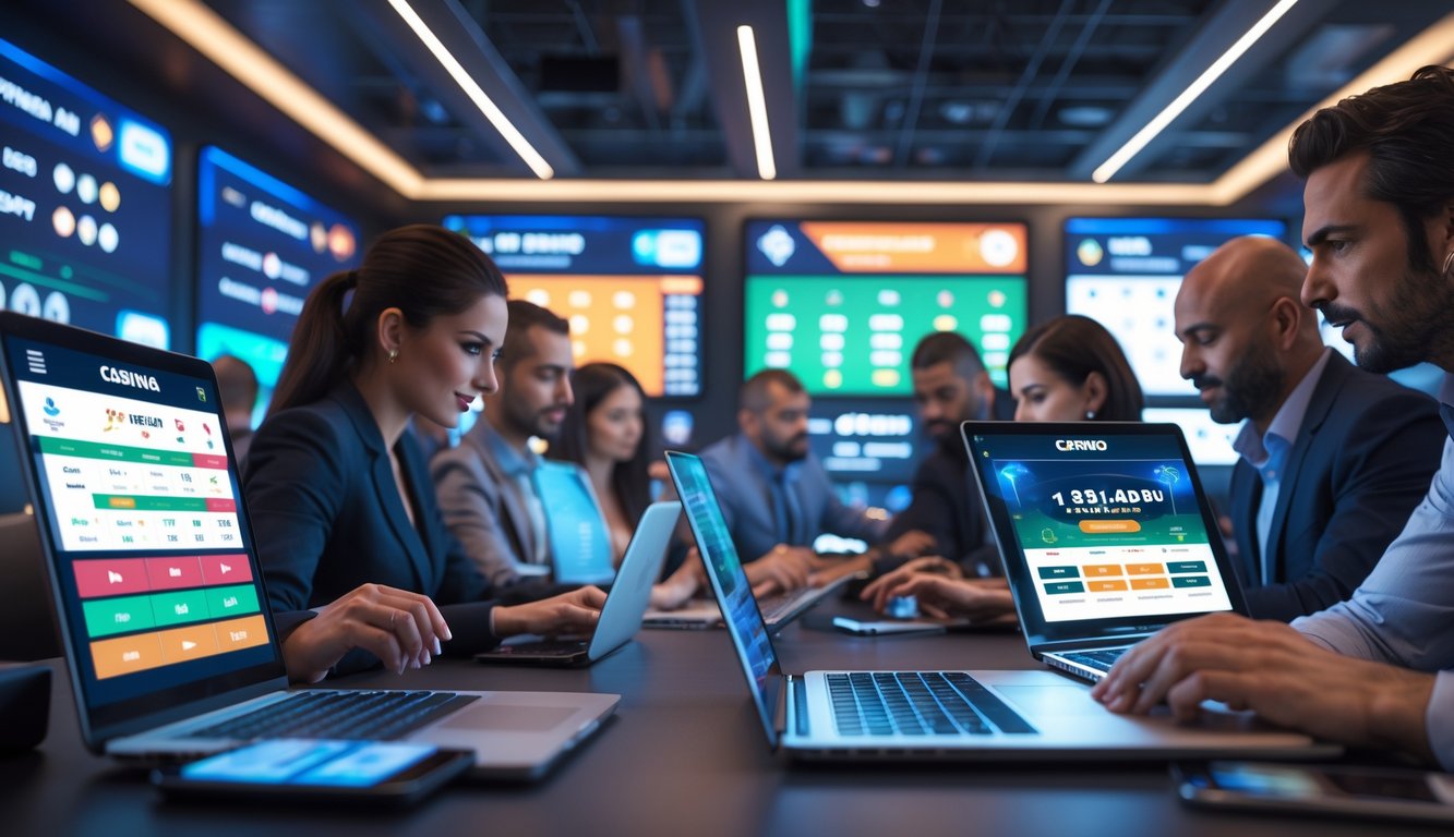 Beberapa orang dewasa menggunakan perangkat digital di ruang kantor modern dengan layar besar yang menampilkan acara olahraga dan grafik taruhan.