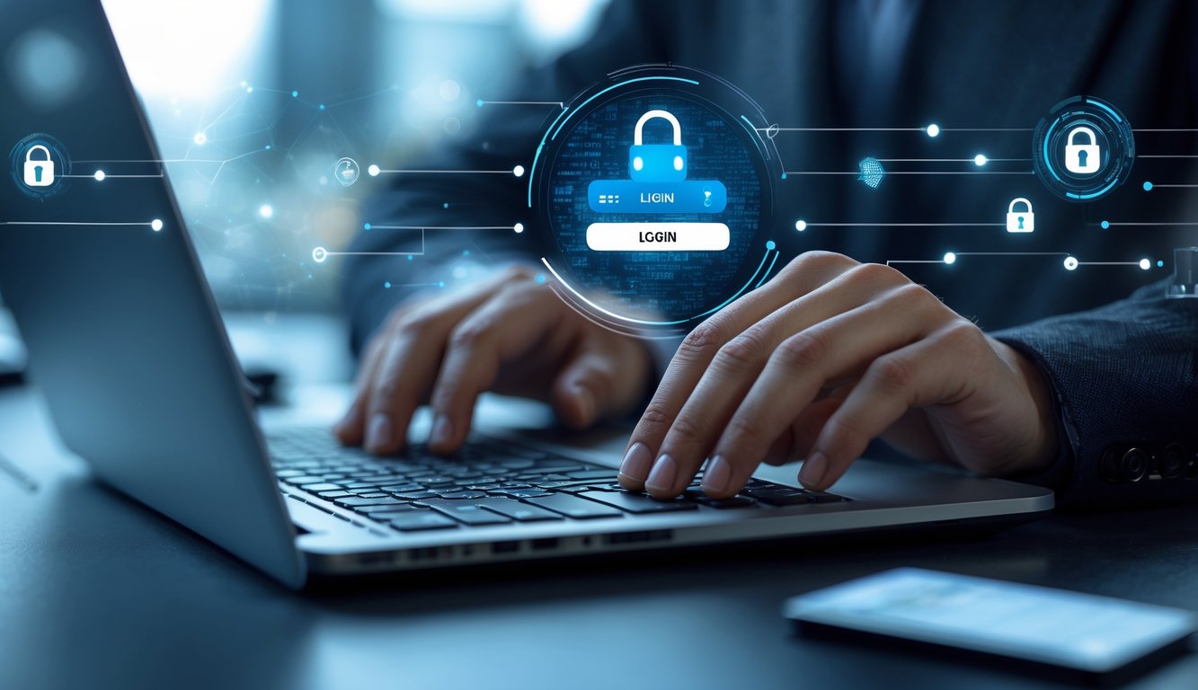 Seseorang menggunakan laptop di meja kerja dengan latar belakang elemen teknologi yang menunjukkan keamanan login online.