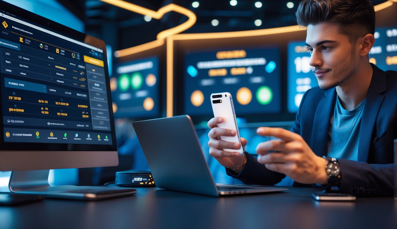 Seorang pria muda menggunakan ponsel dan laptop di ruangan modern dengan layar digital yang menampilkan aktivitas taruhan online.