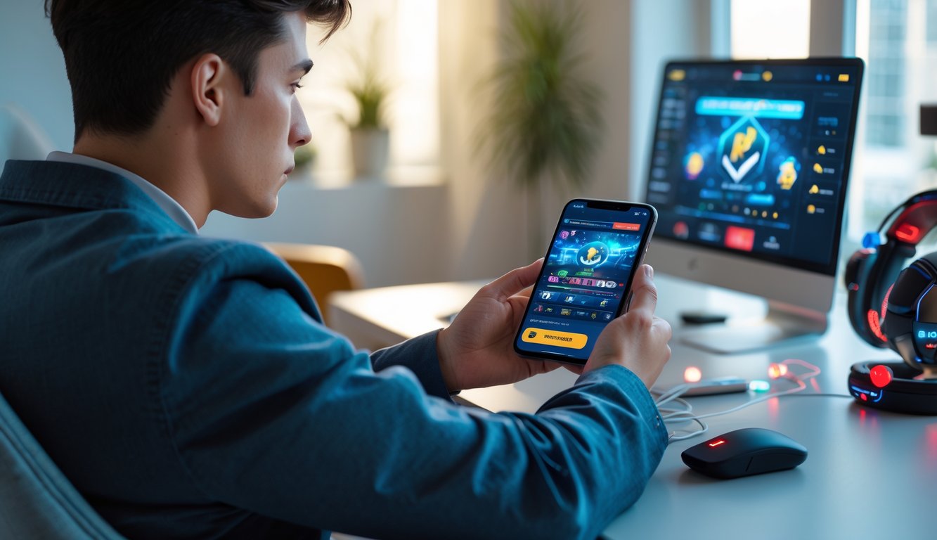 Seorang dewasa muda menggunakan ponsel di ruangan modern dengan pencahayaan alami, fokus pada layar yang menunjukkan antarmuka permainan online.