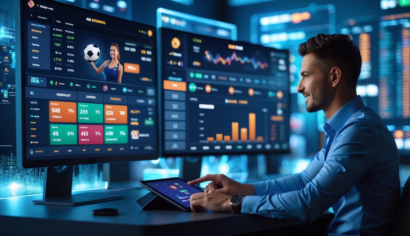 Seorang pria menggunakan perangkat digital dengan layar menampilkan grafik dan data taruhan judi online yang sukses.