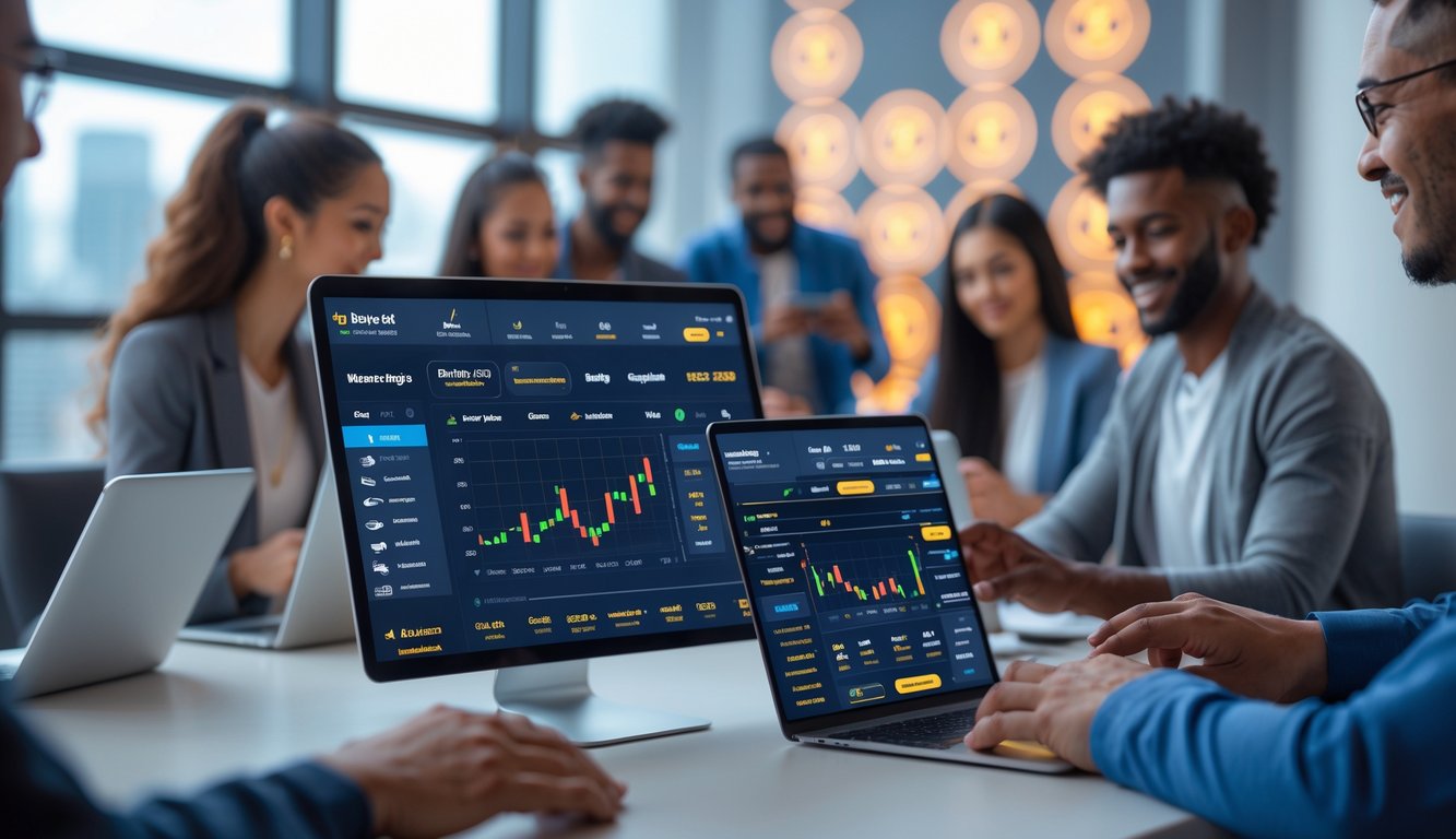 Orang-orang yang menggunakan perangkat digital untuk bertaruh olahraga dalam suasana modern dan cerah.