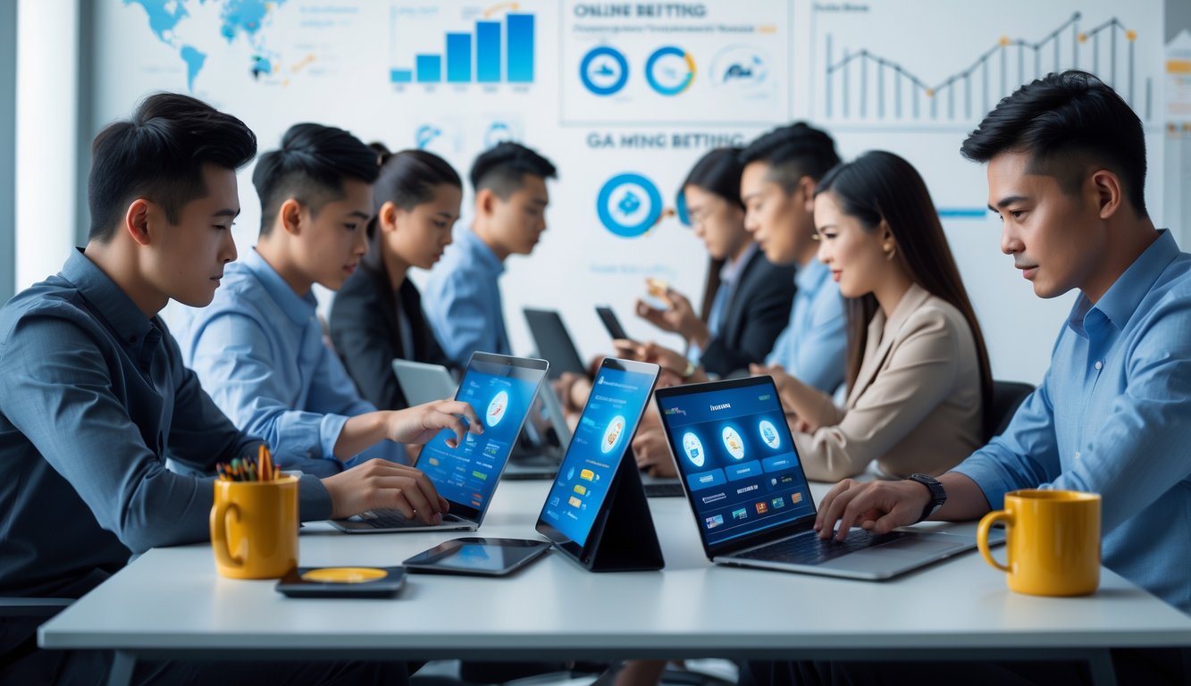 Beberapa orang muda menggunakan perangkat digital di kantor modern yang berhubungan dengan judi online terpercaya di Indonesia.