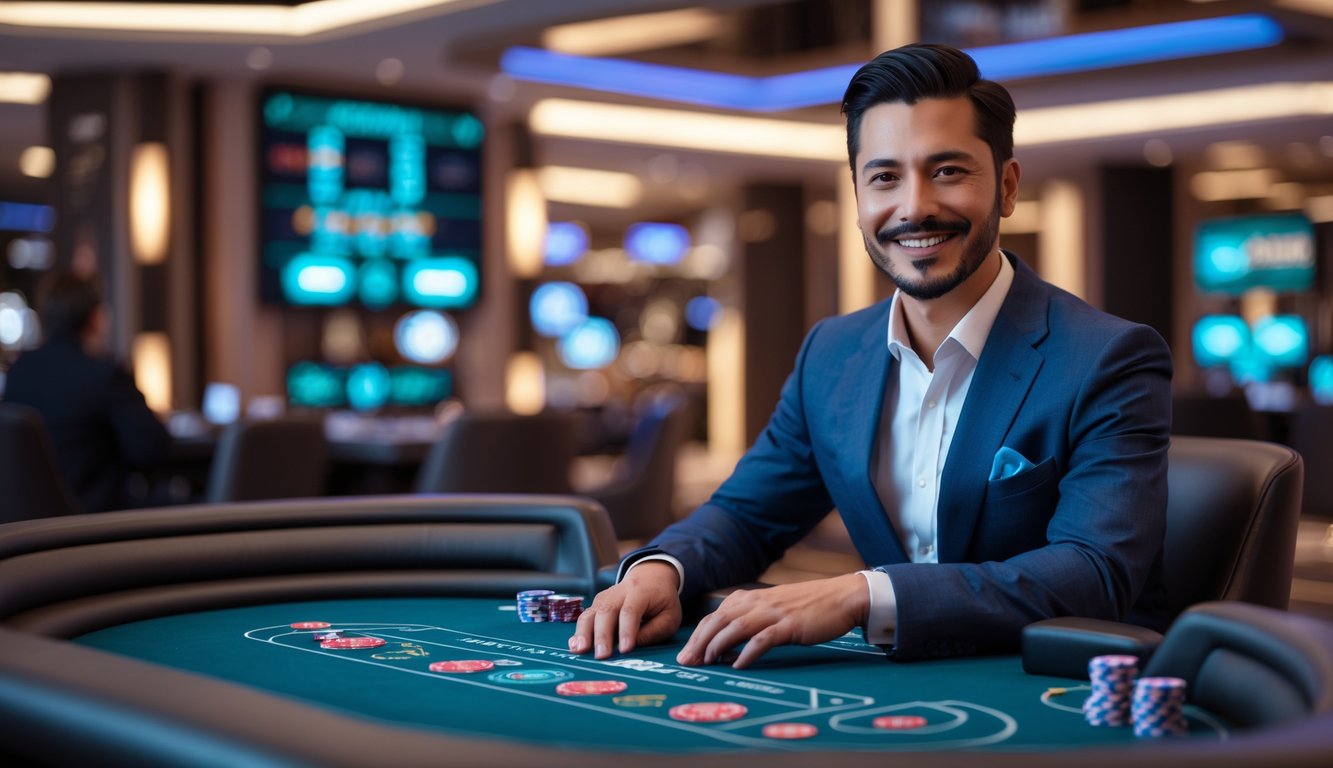 Seorang dealer judi profesional duduk di meja permainan modern dengan kartu dan chip, di latar belakang suasana kasino futuristik yang terang.