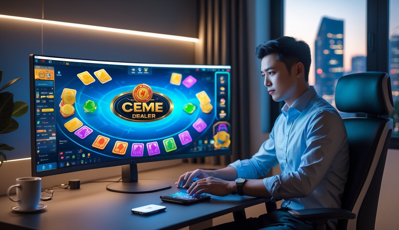 Seorang dewasa muda duduk di depan komputer dengan layar menampilkan permainan kartu digital, di ruang kerja modern dengan pencahayaan hangat dan pemandangan kota di jendela.