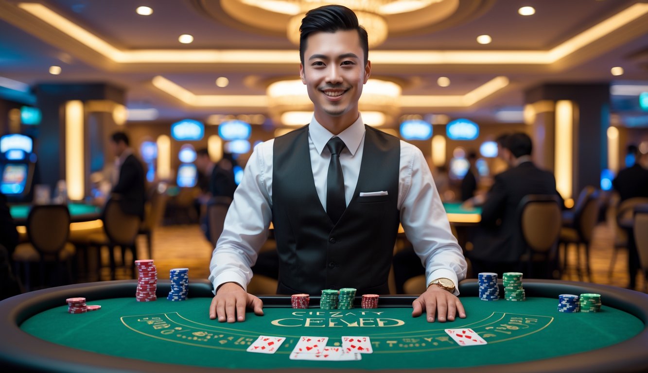 Seorang dealer pria berdiri di belakang meja kasino dengan kartu dan chip, di dalam ruangan kasino mewah.
