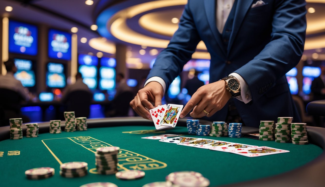 Seorang dealer ceme sedang membagikan kartu di meja kasino dengan uang asli dan chip di sekitarnya.