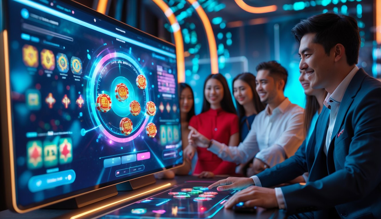 Sekelompok orang muda bermain permainan judi online ceme dengan layar sentuh futuristik di ruangan modern.