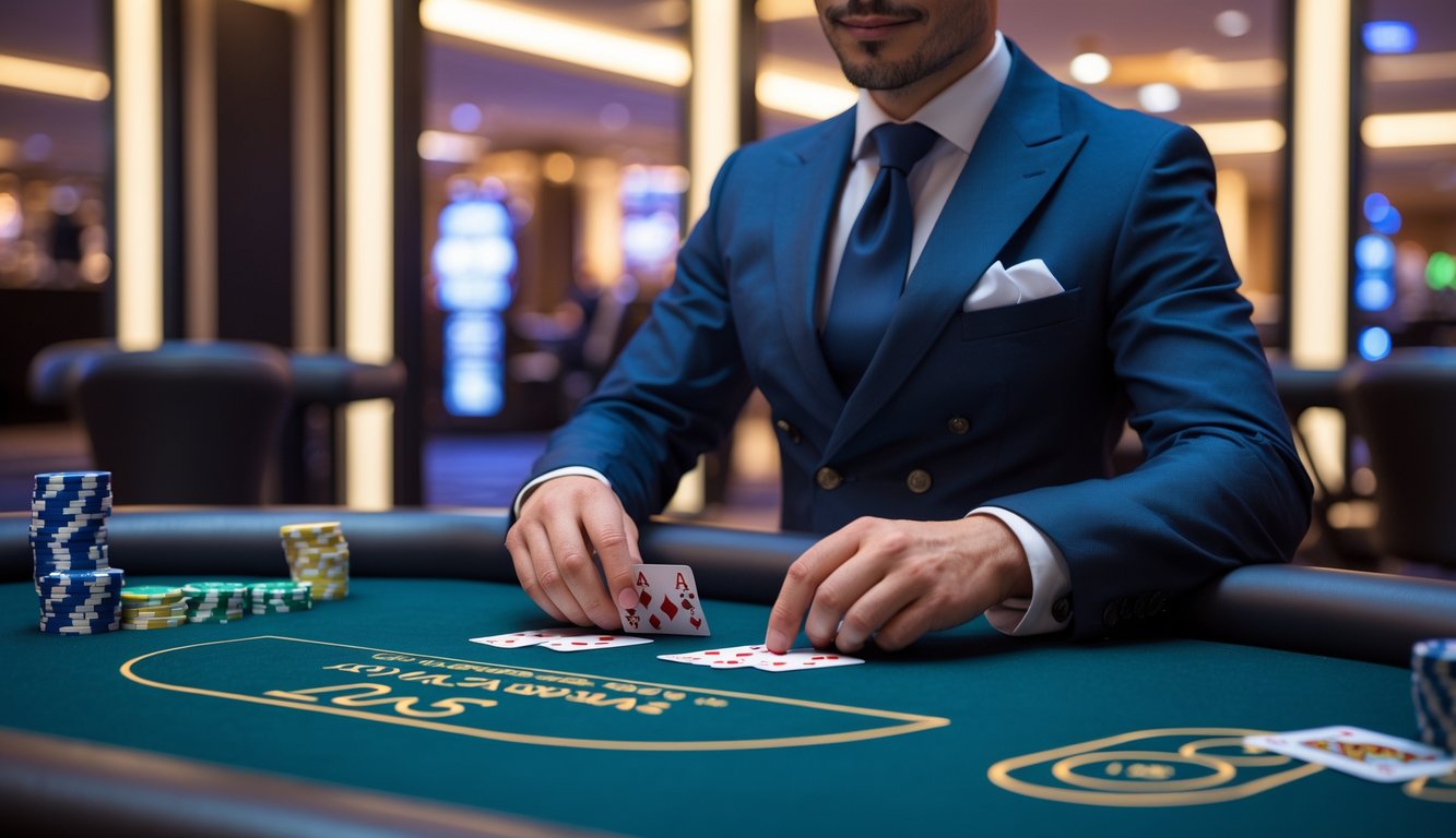 Seorang dealer pria profesional duduk di meja permainan kasino yang modern dan terang, sedang menangani kartu dengan fokus dan percaya diri.