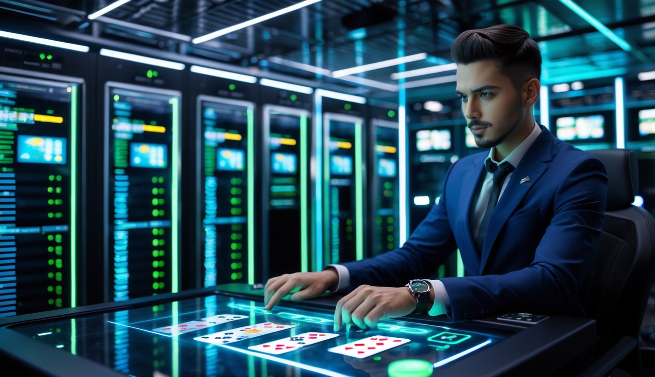 Seorang dealer mengelola permainan kartu digital di ruang server modern dengan banyak server dan layar aktivitas jaringan yang stabil.