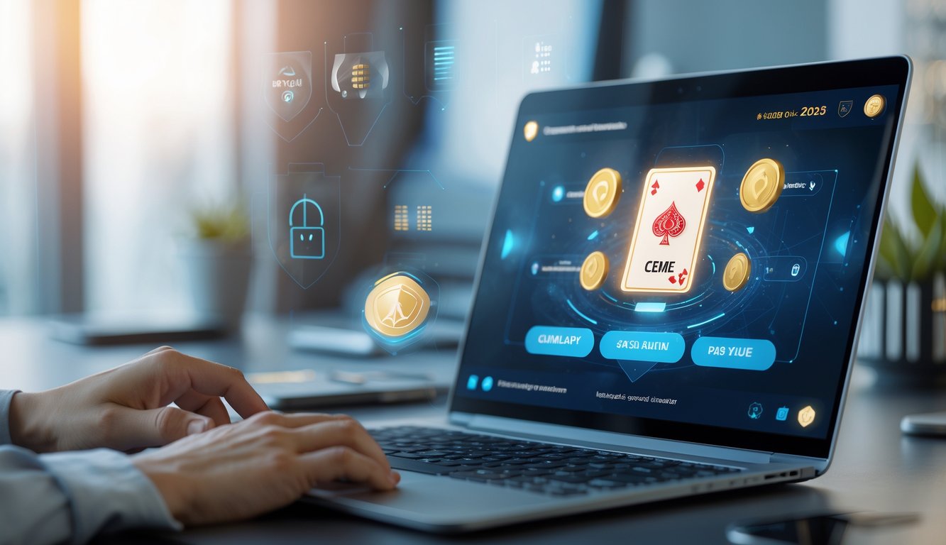 Seseorang menggunakan laptop dengan tampilan permainan kartu digital di meja kerja modern yang bersih dan terang.