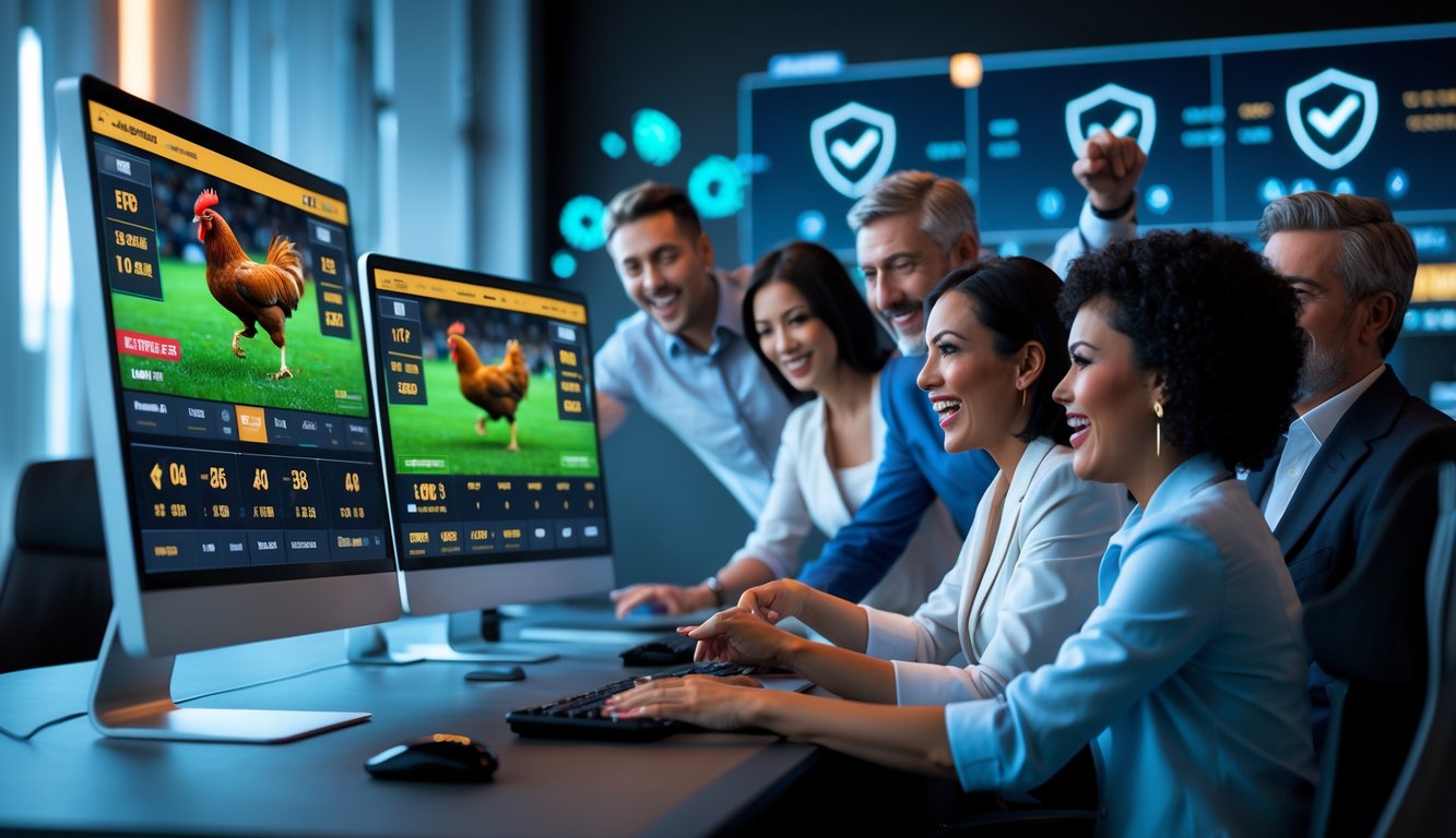 Orang-orang yang fokus menggunakan komputer dengan layar menampilkan pertandingan sabung ayam dan taruhan online.