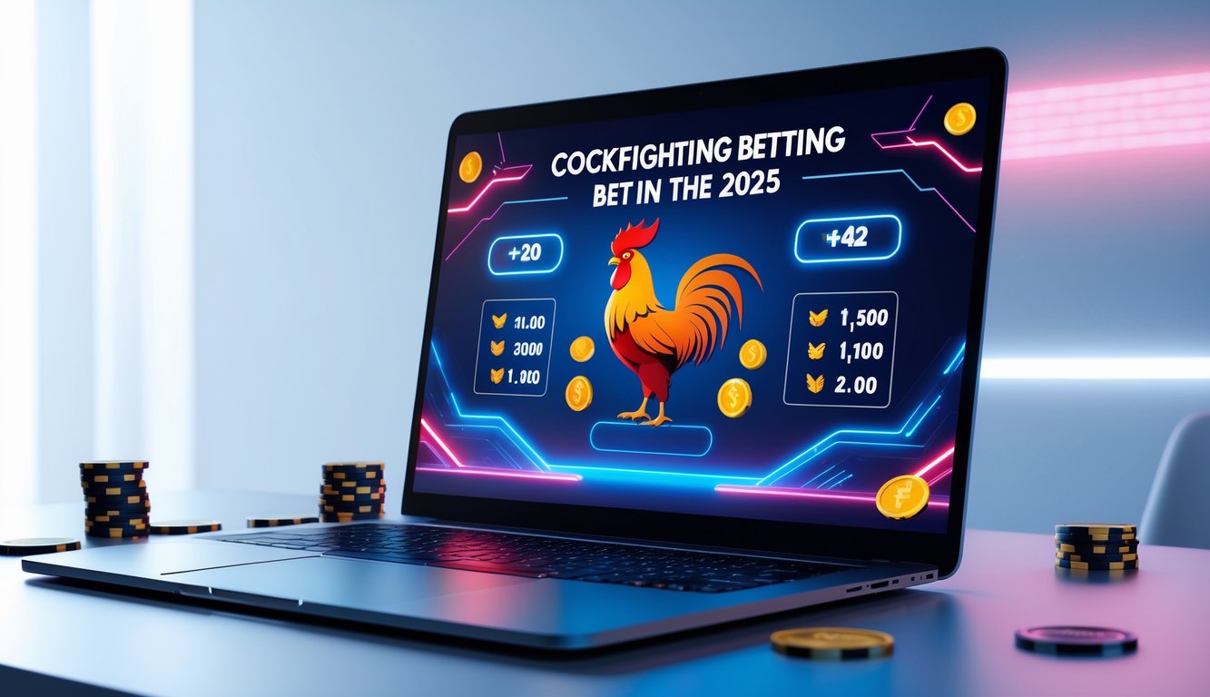 Sebuah meja kerja modern dengan komputer yang menampilkan antarmuka taruhan sabung ayam secara online, dengan latar belakang yang bersih dan elemen permainan yang halus.