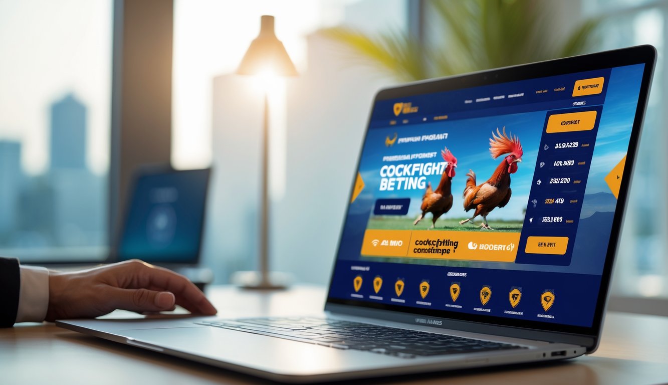 Seorang pengguna sedang melihat situs taruhan sabung ayam online yang aman dan terpercaya di depan komputer di ruang kerja yang rapi.