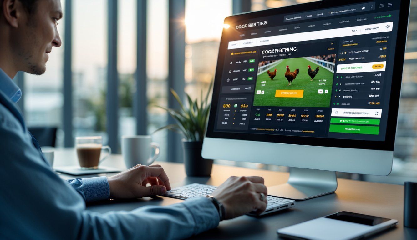 Seseorang sedang menggunakan perangkat digital untuk memasang taruhan sabung ayam dengan tampilan odds tinggi di lingkungan kerja modern.