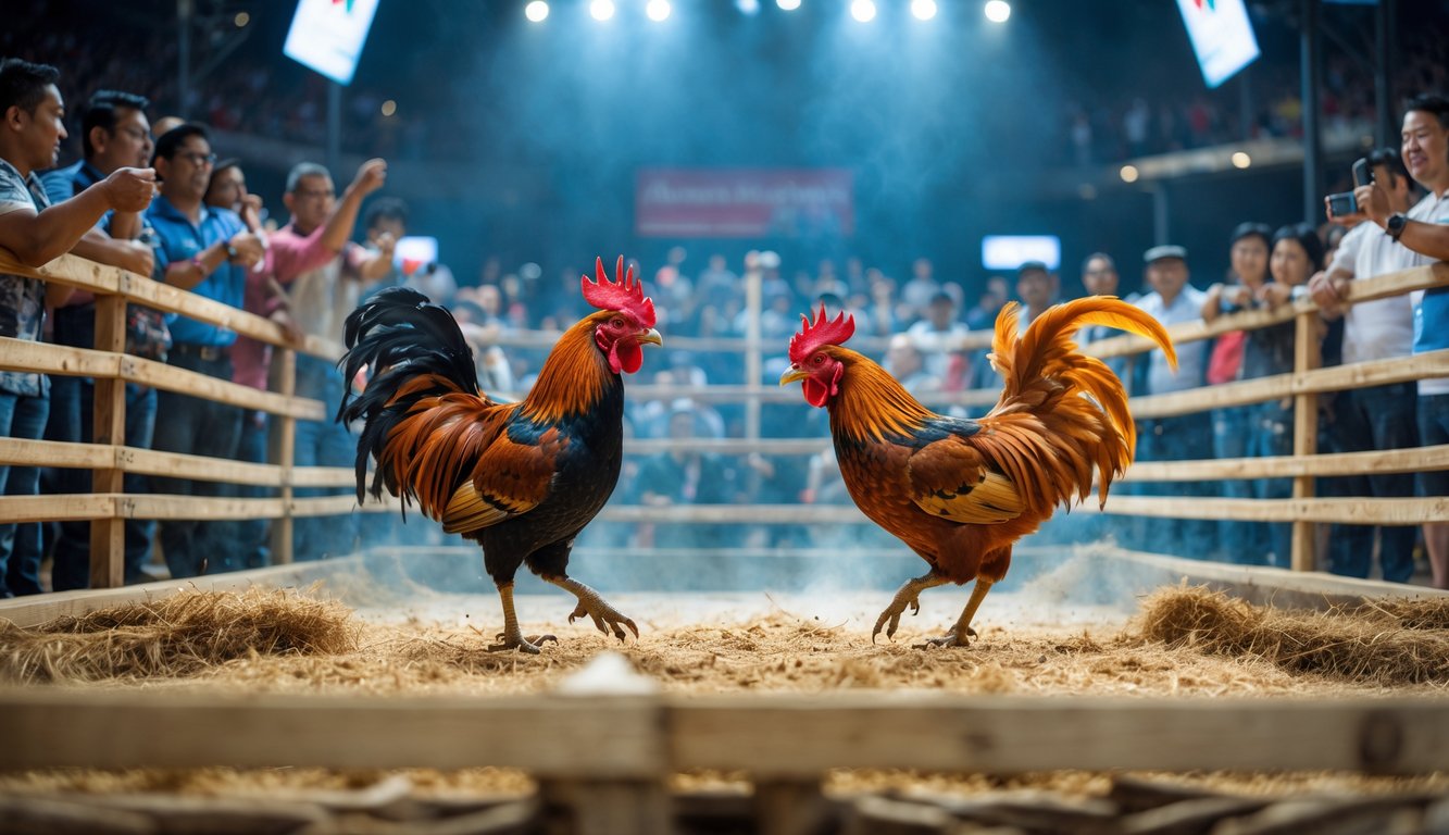 Adegan pertandingan sabung ayam dengan dua ayam jago bertarung di arena dan penonton yang antusias menyaksikan.
