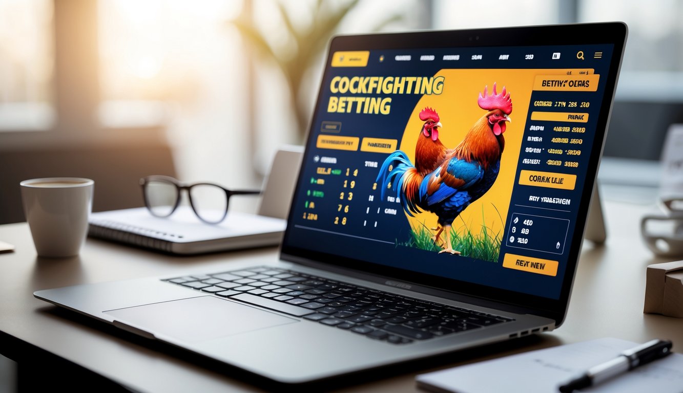 Seorang pria menggunakan laptop dan ponsel di meja kerja untuk memasang taruhan sabung ayam secara online.