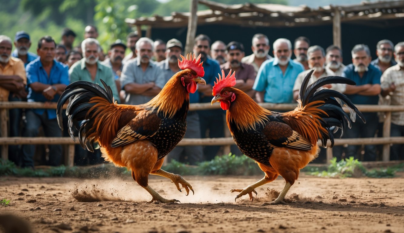Pertarungan ayam jago tradisional di arena terbuka dengan penonton yang serius memperhatikan.