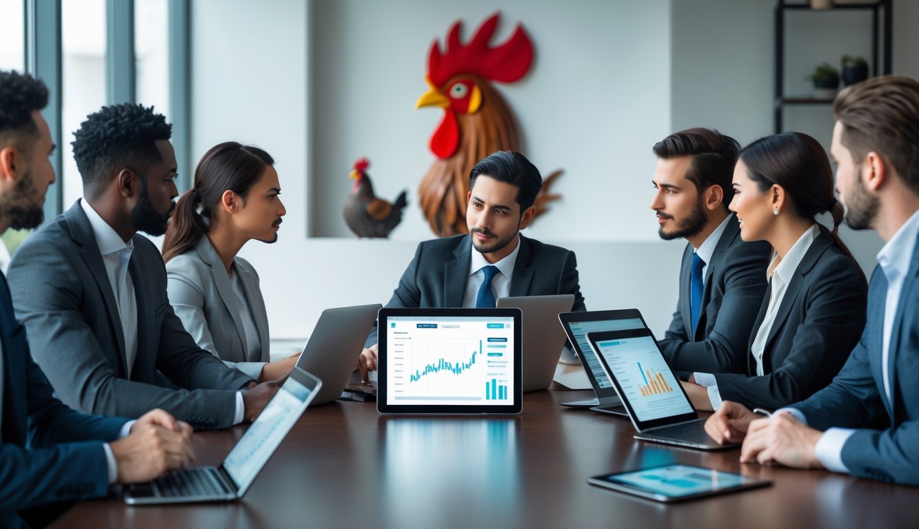 Sekelompok profesional sedang berdiskusi di ruang kantor modern dengan perangkat digital di atas meja dan hiasan abstrak ayam jago di latar belakang.
