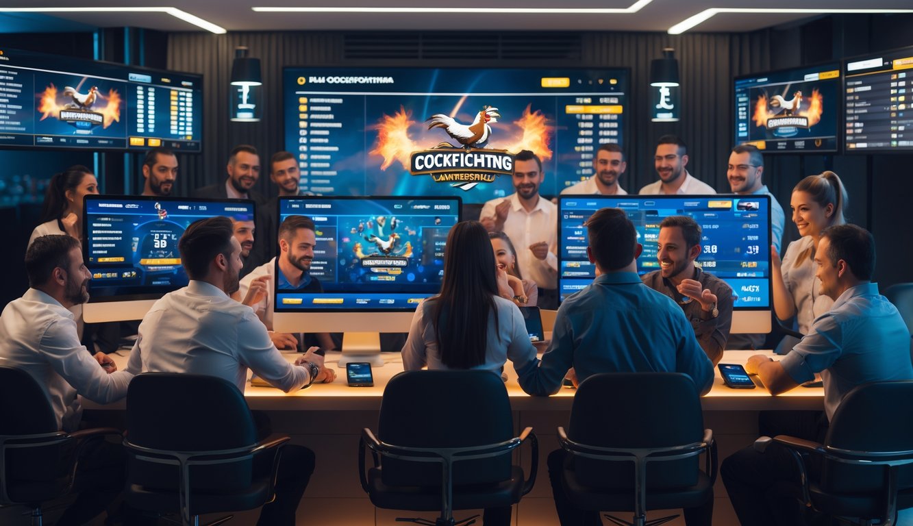Sekelompok orang sedang menggunakan komputer dan ponsel untuk memasang taruhan sabung ayam secara online dalam ruangan modern.