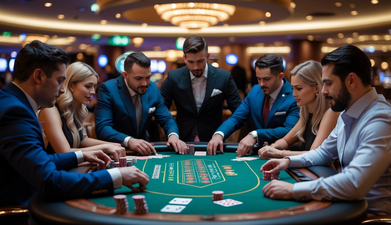 Sekelompok pemain berjudi di meja poker Omaha Hi-Lo di dalam kasino yang mewah.