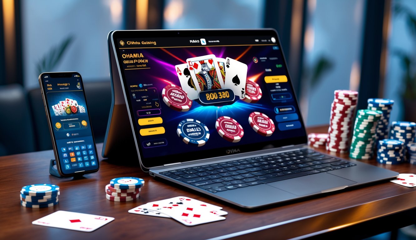 Sebuah meja dengan komputer menampilkan permainan poker Omaha Hi-Lo, dikelilingi oleh chip poker dan kartu remi.