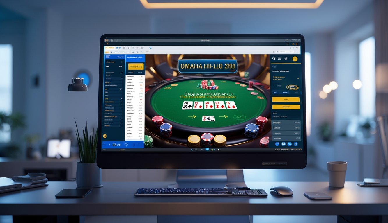 Sebuah meja kerja dengan komputer menampilkan permainan poker Omaha Hi-Lo online yang resmi dan modern.